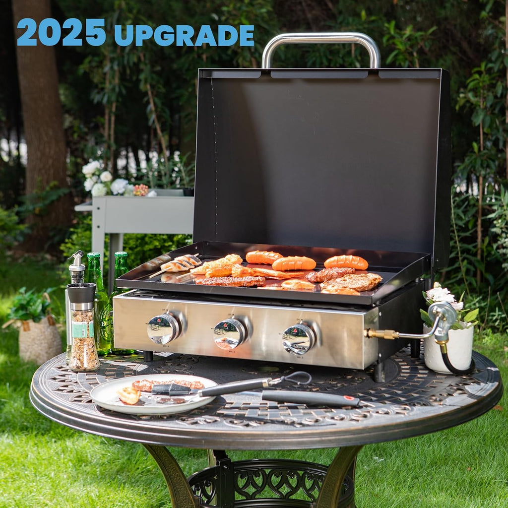 GREEN PARTY 22 inch Tabletop Griddle with Ceramic Coated Cast Iron Plate, 3 Burners Flat Top Griddle, Portable Propane Gas BBQ Grill Griddle for Kitchen Outdoor Cooking Barbecue Camping Tailgating