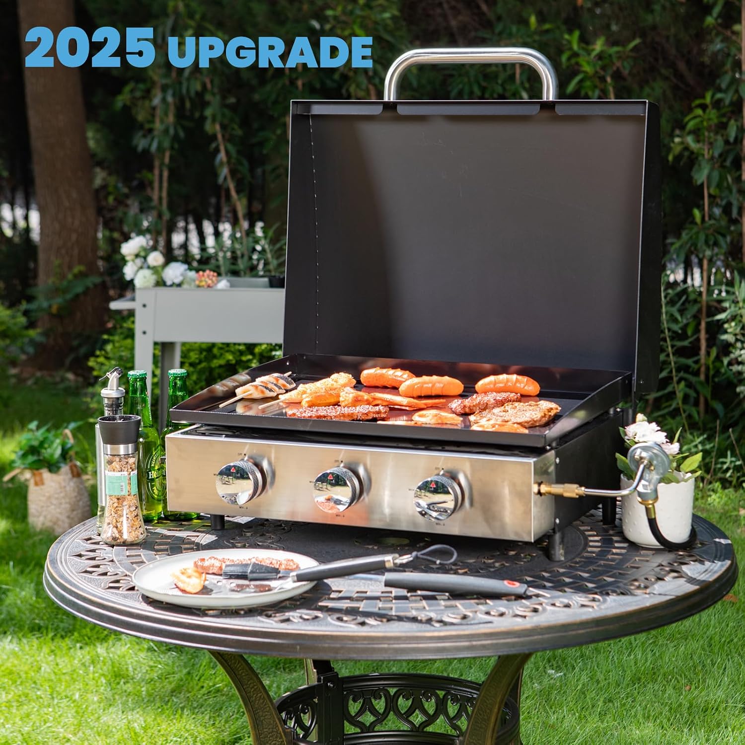 GREEN PARTY 22 inch Tabletop Griddle with Ceramic Coated Cast Iron Plate, 3 Burners Flat Top Griddle, Portable Propane Gas BBQ Grill Griddle for Kitchen Outdoor Cooking Barbecue Camping Tailgating