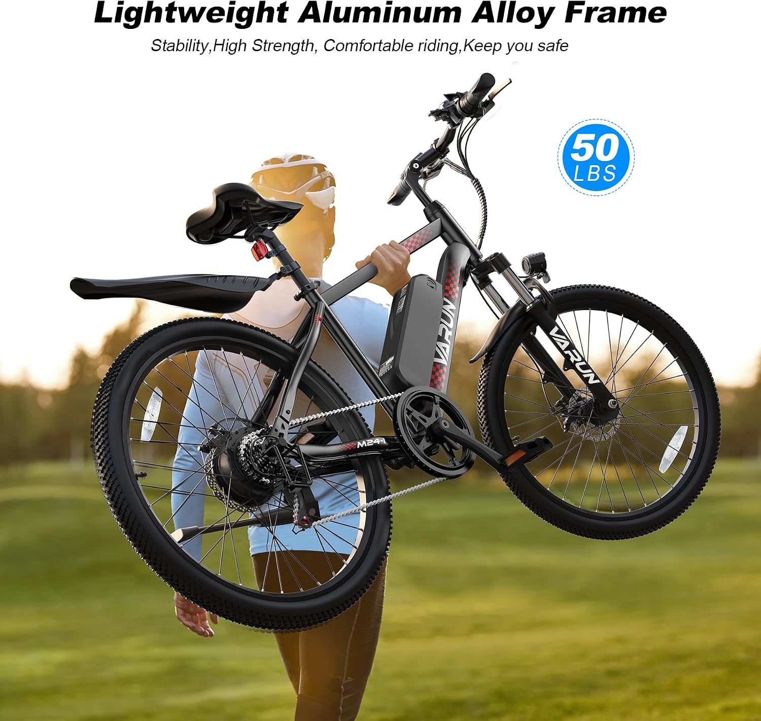 VARUN Electric Bike - 500W Peak Motor, 24/26' All-Terrain E-Bike, Up to 40 Miles & 20 MPH, Removable Battery, 7-Speed, Front Suspension, Dual Disc Brakes, with Free Accessory Pack