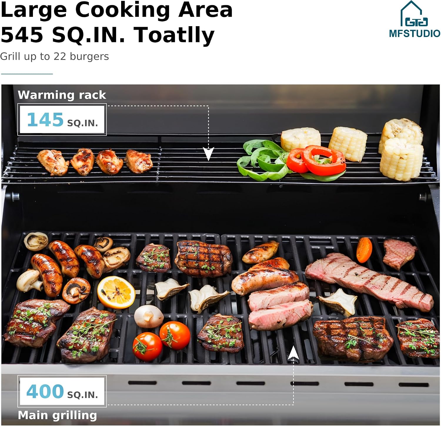 MFSTUDIO 4-Burner Propane Gas Grill, Stainless Steel BBQ Grill with Side Burner and Porcelain-Enameled Cast Iron Grates, High Heat Output Gas BBQ Grills for Barbeque and Outdoor Cooking