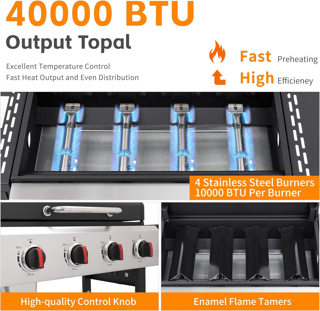 4-Burner Propane Gas Grill with Cast Iron Grate - 40000 BTU Output & Easy-Clean Grease Management for Perfect BBQs (4-Burner)