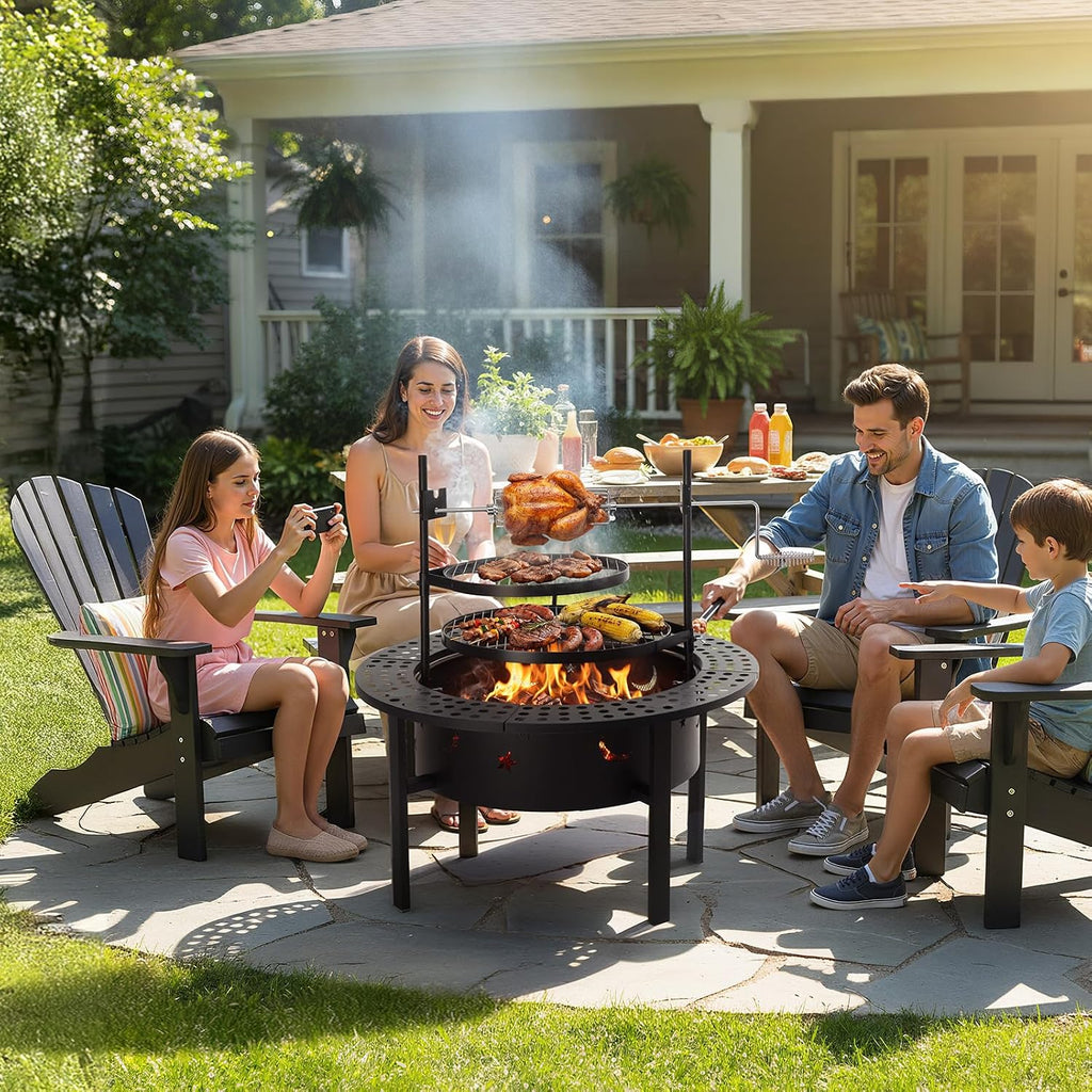 ROVSUN Upgrated 33'' Outdoor Fire Pit with 2 Grills, Grill with Side Shelves, Wood Burning Round Firepit with Swivel Cooking Grate, Removable Swivel Grill for Backyard, Patio, Picnic, BBQ and Parties
