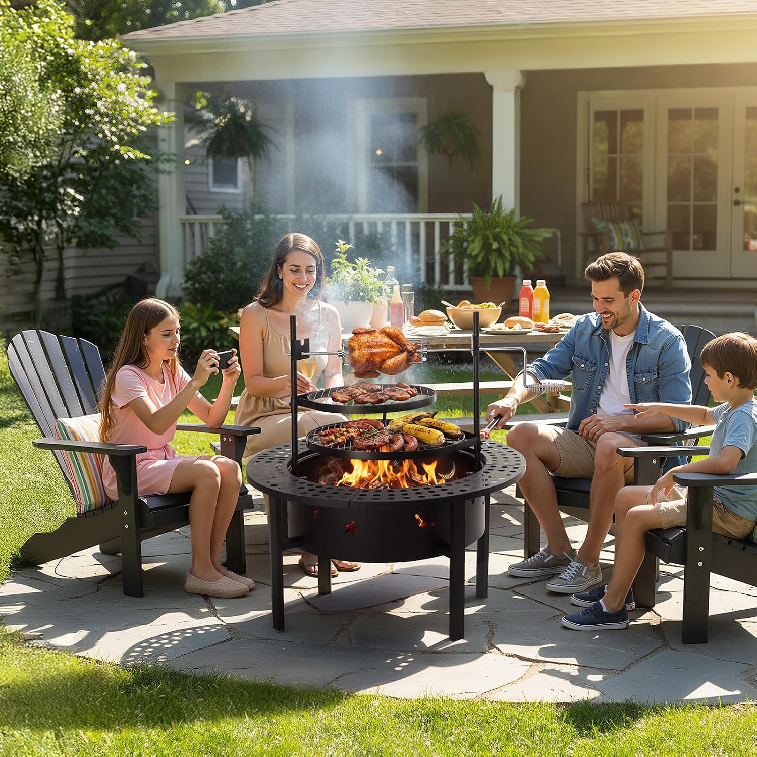 ROVSUN Upgrated 33'' Outdoor Fire Pit with 2 Grills, Grill with Side Shelves, Wood Burning Round Firepit with Swivel Cooking Grate, Removable Swivel Grill for Backyard, Patio, Picnic, BBQ and Parties