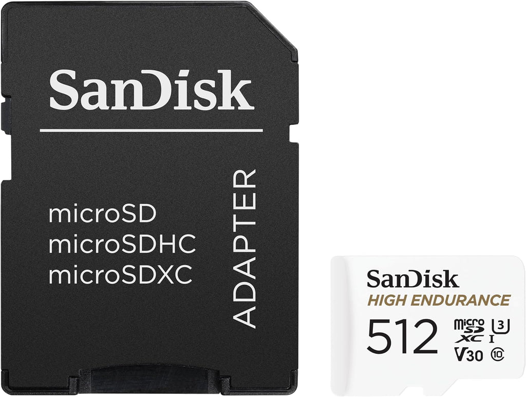 SANDISK 512GB High Endurance Video microSDXC Card with Adapter for Dash Cam and Home Monitoring Systems - C10, U3, V30, 4K UHD, Micro SD Card - SDSQQNR-512G-GN6IA