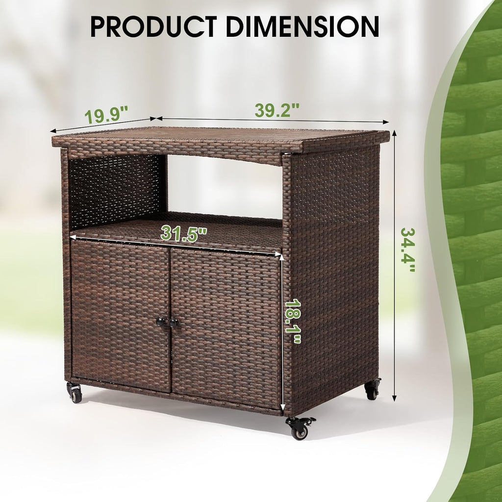 VINGLI Wicker Outdoor Bar Cart with Storage & Rolling Wheels, Patio Bar Table w/Shelf, Outdoor Storage Cabinet Buffet Cabinet Grill Cart for BBQ Pool Patio Kitchen, Brown