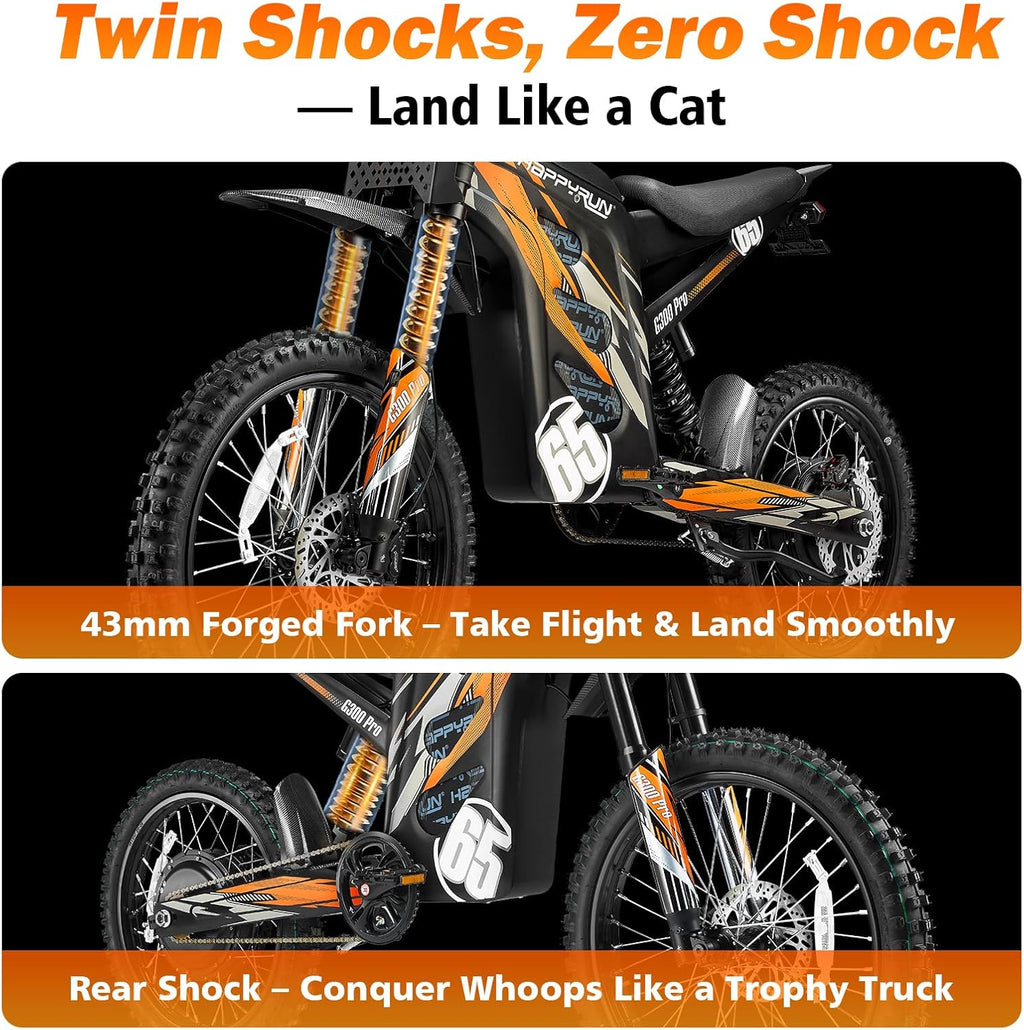 HAPPYRUN G300 Pro Electric Dirt Bike for Adults, 72V 30Ah Battery, 6500W Motor, 50 MPH Speed, 70 Mile Range, 350 Lbs Load Capacity, Hydraulic Brakes