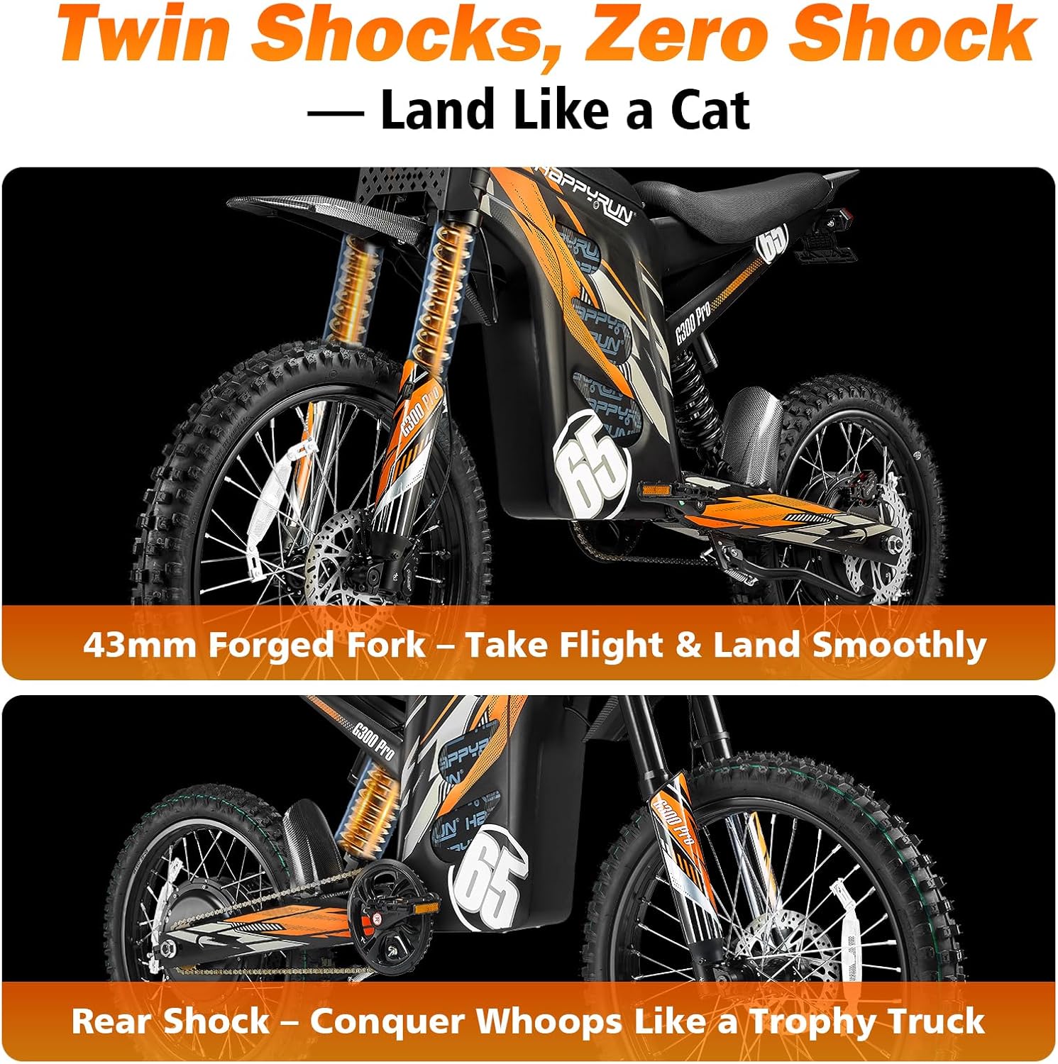 HAPPYRUN G300 Pro Electric Dirt Bike for Adults, 72V 30Ah Battery, 6500W Motor, 50 MPH Speed, 70 Mile Range, 350 Lbs Load Capacity, Hydraulic Brakes