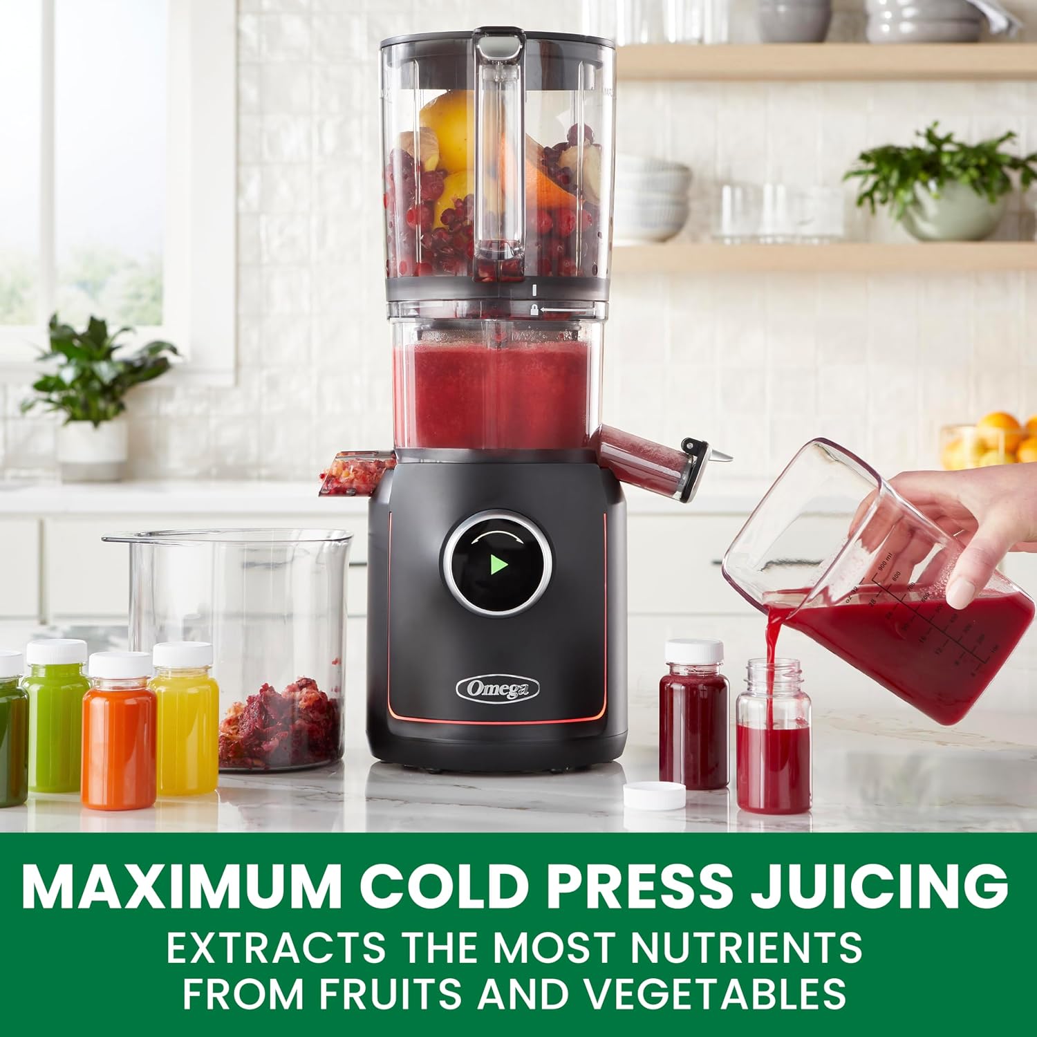 Omega Ultimate Performance Slow Masticating Batch Juicer with Intellidial Technology Cold Press Vegetable and Fruit Juice Extractor with 64-Ounce Hopper and 4 Juice Shot Glasses, 200-Watts, Black