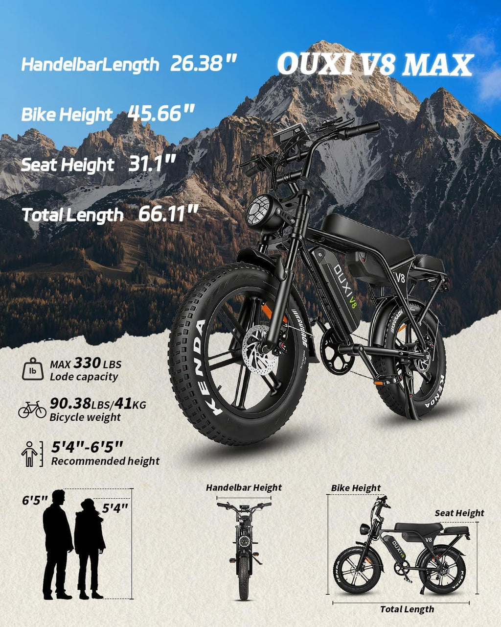 OUXI V8 Series Electric Bike for Adults, Peak 500W/1000W,20/31 MPH, 10.4/15/30 AH Removable Battery, 16''/20' Fat Tire Electric Bike,7-Speed Gear Electric Bicycles,Ebike Moped for Commuting & Off-Road