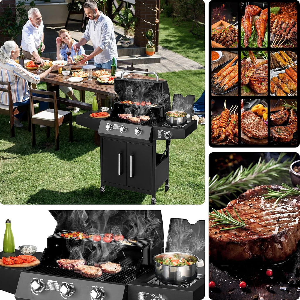 ROVSUN 3-Burner Propane Gas BBQ Grill with Side Burner & Enameled Cast Iron Grates, 46,000 BTU Barbecue Grill with Wheels for Outdoor Patio Backyard Cooking Grilling, Black