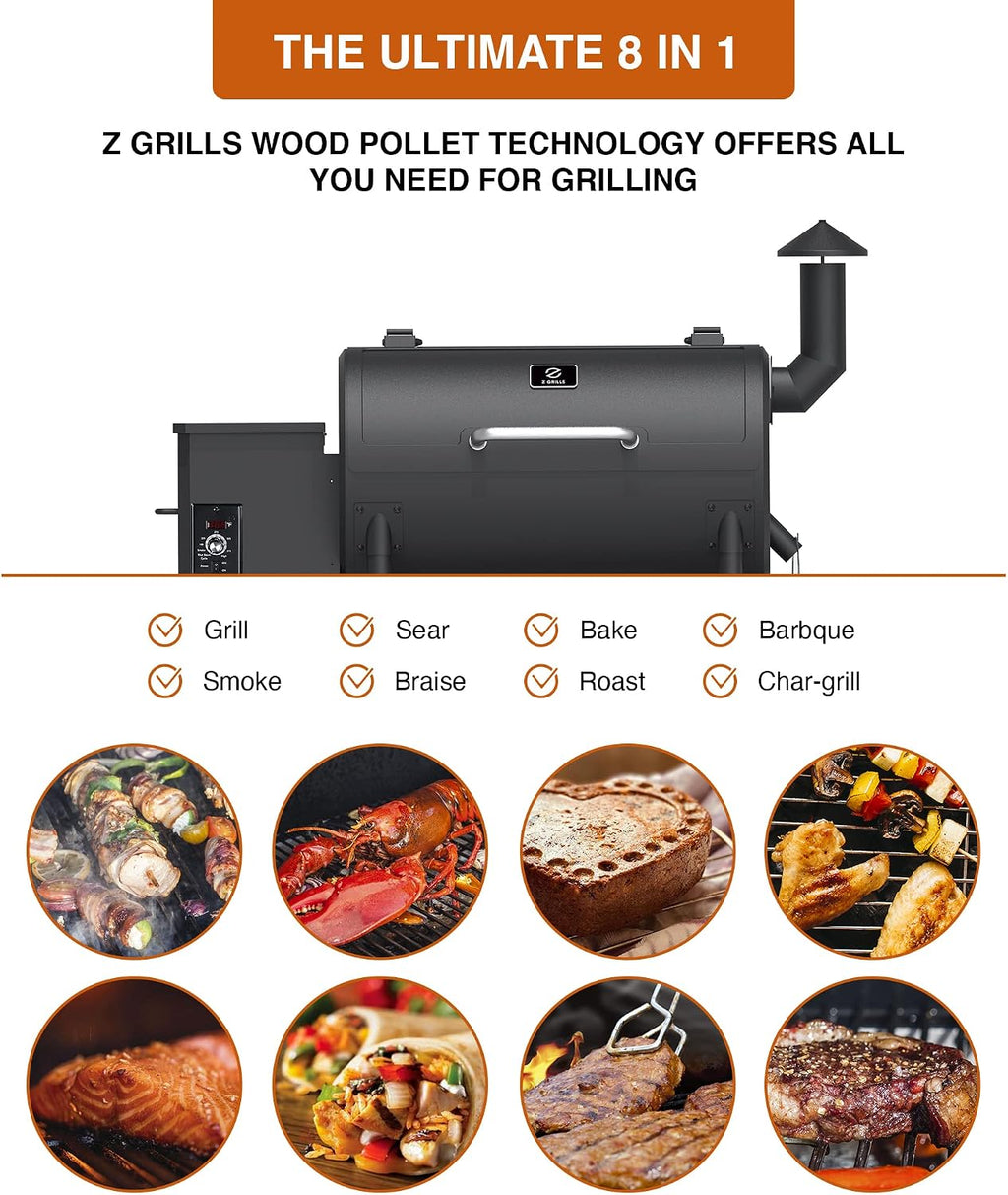 Z GRILLS ZPG-550B 2022 Upgrade Wood Pellet Grill & Smoker 8 in 1 BBQ Auto Temperature Control, Cooking Area, 550 sq in Black
