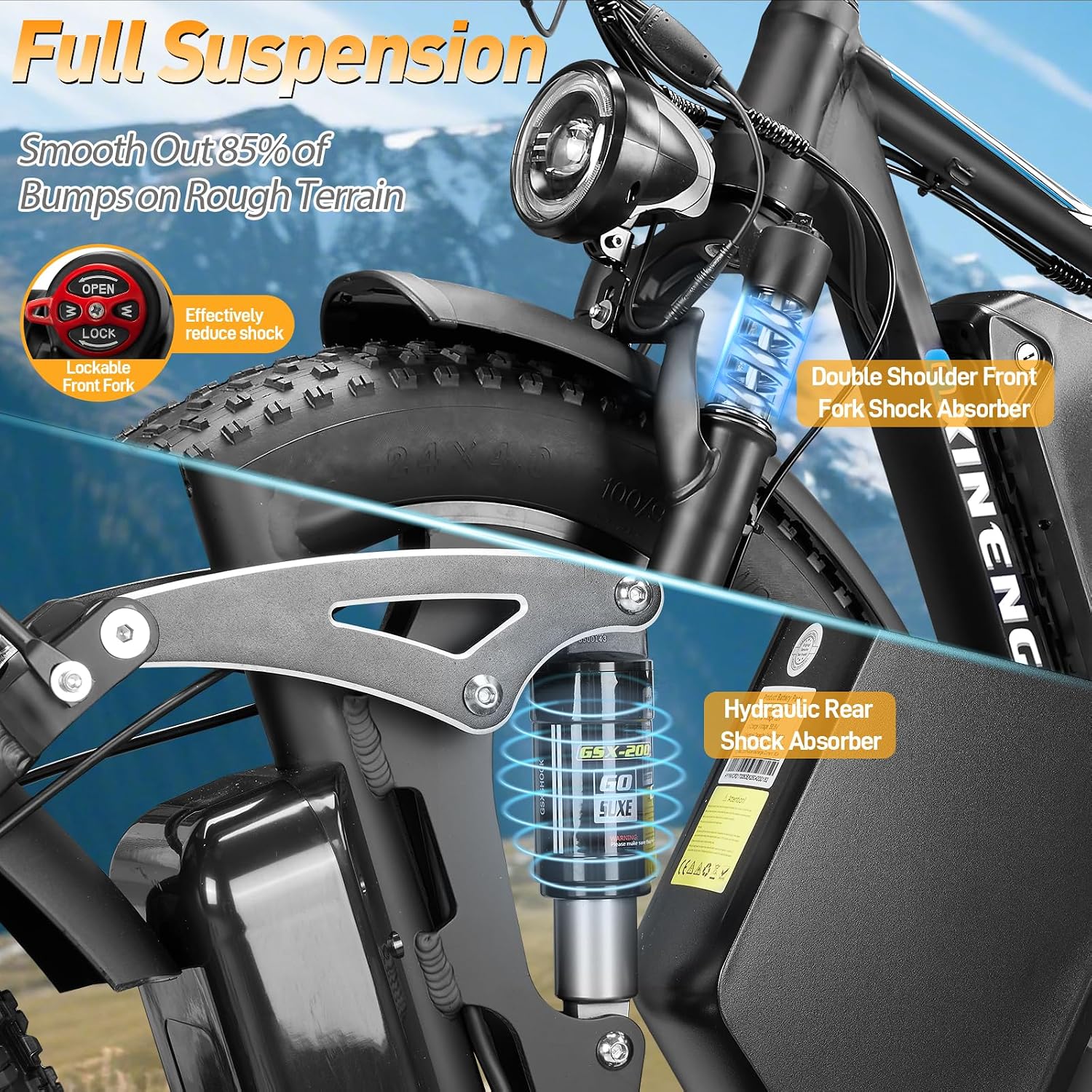 Dual Motor Ebike for Adults, Peak 9000W 52V 34AH Battery, 46MPH Fast Electric Bike for Adults, Up to 105Miles, Hydraulic Disc Brake, Full Suspension, 24' Electric Bicycle for Snow All Terrain