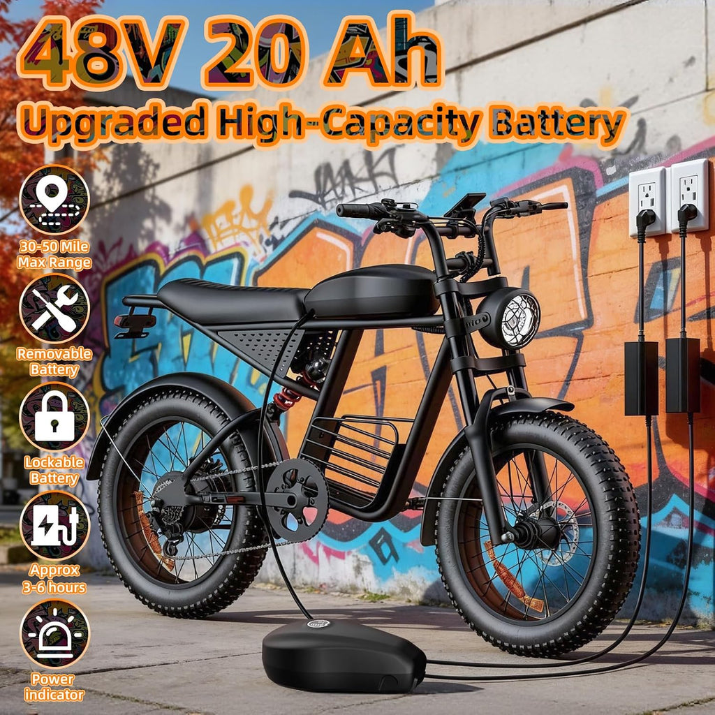 20' Electric Bike for Adults with 1000W/1600W/3000W Peak Dual Motor,Max Speed 33-37MPH,Up to 60Miles,Moped ebikes with 20/35Ah Battery,Shipped from USA Warehouse