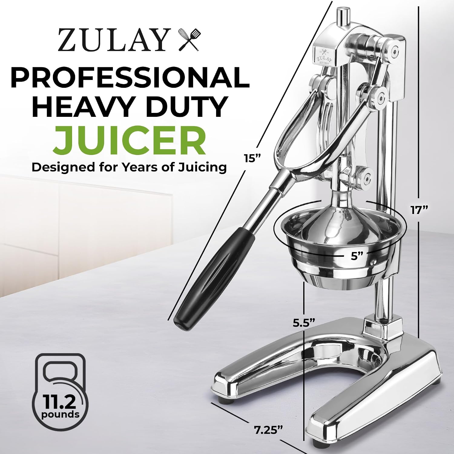 Zulay Kitchen Professional Citrus Juicer - Chrome Finish Manual Citrus Press and Orange Squeezer - Metal Lemon Squeezer - Extra Tall Heavy Duty Manual Orange Juicer and Lime Squeezer Press Stand