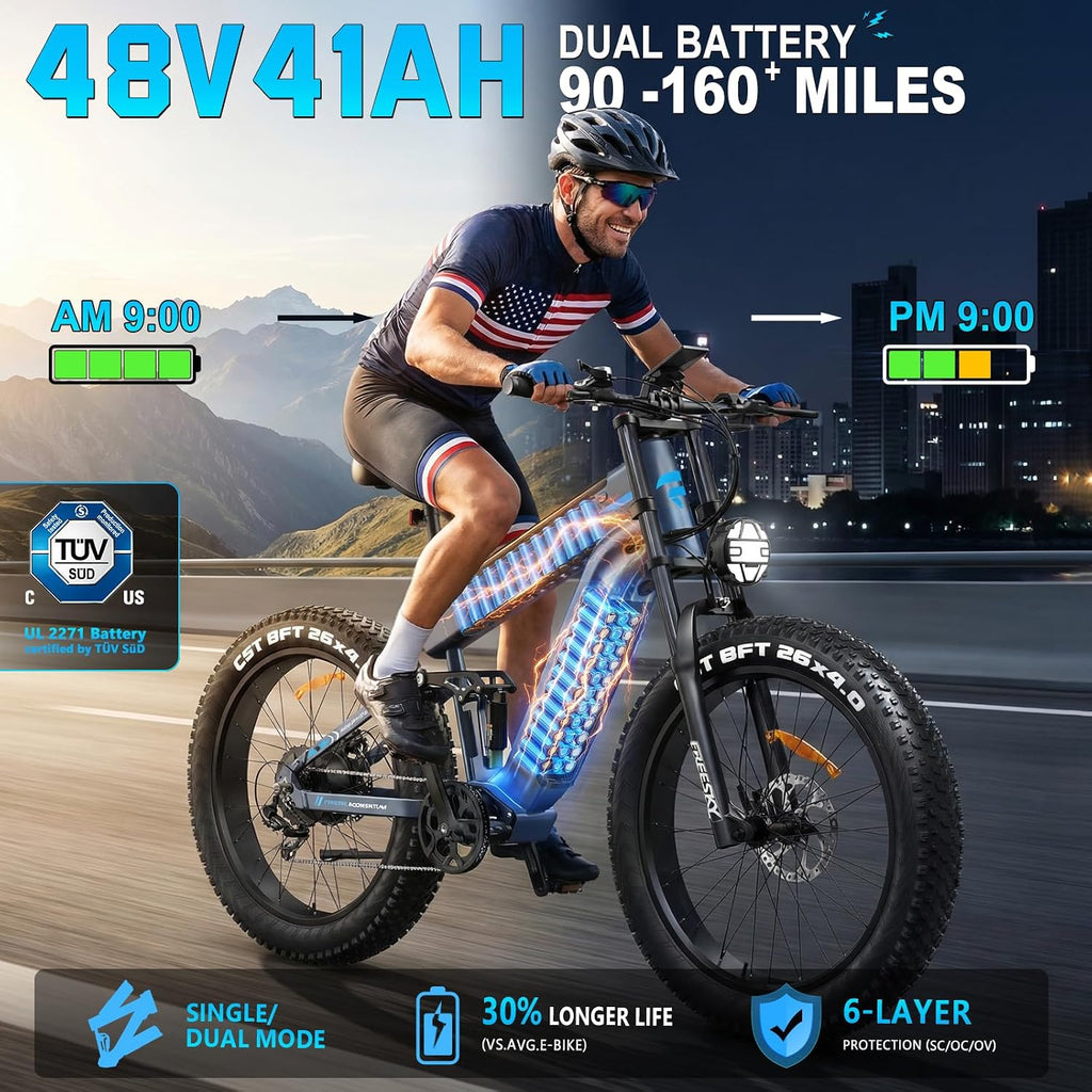 FREESKY Dual Battery Electric Bike for Adults, 48V 45AH 200 Miles Long Range E Bike, 4000W Motor 40MPH+, 26' Fat Tire Fast Mountain EBike, Full Suspension & Hydraulic Brakes, UL 2849 Certified by TÜV