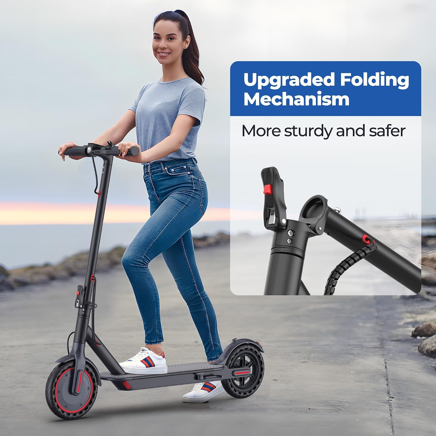 Maxshot Electric Scooter, 8.5' /10' /14' Tire, 16/19/22 Mph Top Speed, 12/16/21/27/28/49/50 Miles Long Range, Folding Escooter for Adults and Kids with Seat Bag, Dual Braking, Dual Suspension, App