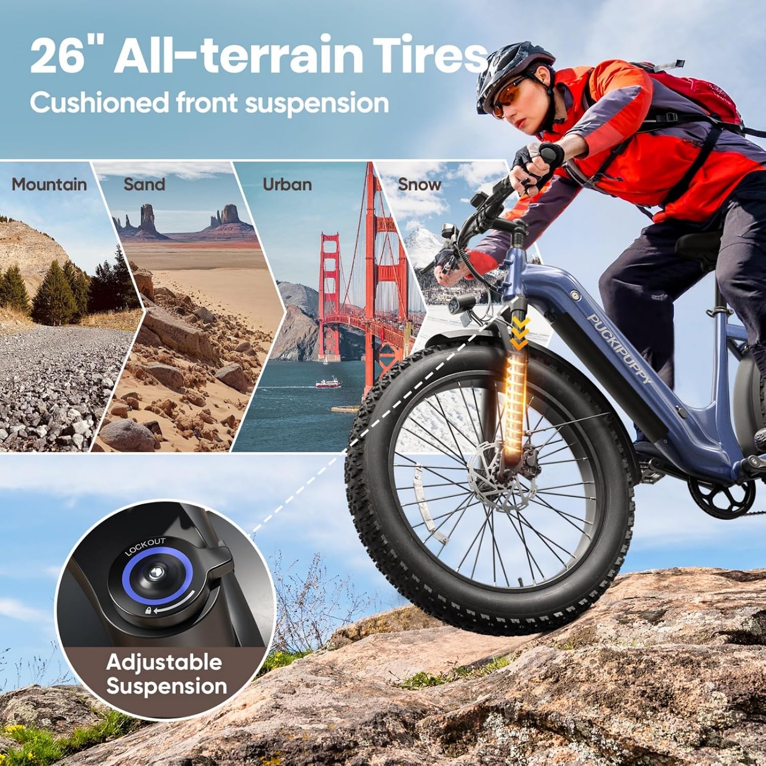 PUCKIPUPPY Electric Bike for Adults with 960W(Peak), 26' Fat Tire Electric Mountain Bike, 48V 15AH Removable Battery Ebike, 28MPH Aluminum Frame E Bike with Rear Storage Shelf