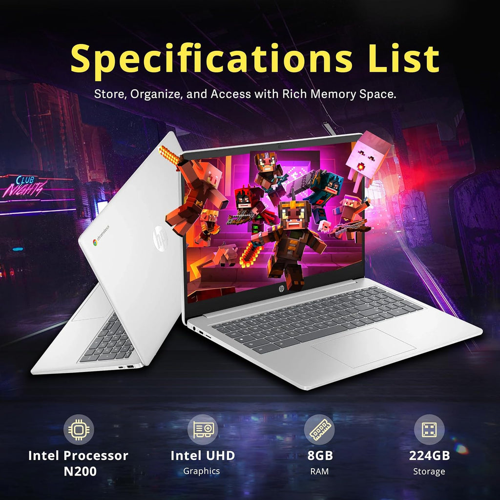 HP 15.6' HD Anti-Glare Chromebook Laptop, Intel Pentium N200, 8GB LPDDR5, 224GB Storage (64GB eMMC+160GB Docking Station Set), Intel UHD Graphics, Num Pad, 720p Camera, Wi-Fi 6, Chrome OS, Silver