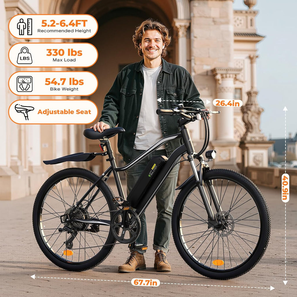 Electric Bike, 1000W Peak Powerful Motor, 65+ Miles Range & 20MPH Top Speed, 26'' Tires E-Bike, Adjustable Seat, Shock Absorber, Commuting Electric Bike for Adults