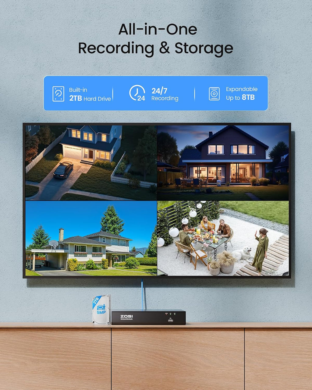 ZOSI 8MP 4K PoE Home Security Camera System Outdoor, H.265+ 8CH PoE NVR (16CH Expandable) with 2TB HDD for 24/7 Recording, 8PCS 5MP(3K) Bullet IP Cameras, Motion Detection, Remote Control