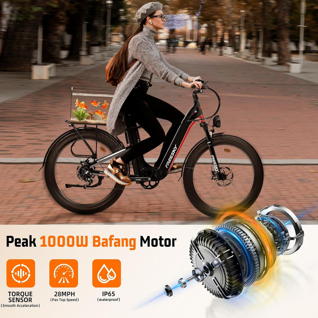 FREESKY NOVA Electric Bike, Dual Samsung Cells Battery 48V 30A, 120Miles Range, Lightweight Step-Thru ebike for Adults with BAFANG Motor 28MPH, Torque Sensor smooth speed up, Full Suspension Commuting