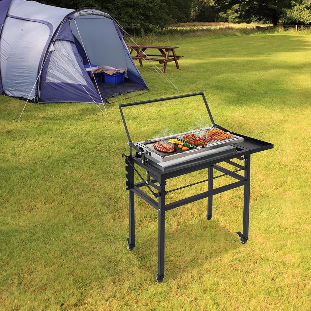 Charcoal Flip Grill, 360° Rotating Barbecue Grill, Portable Charcoal Grill with Wheels, Adjustable Frame Tabletop BBQ Grill for Outdoor Picnics, Camping