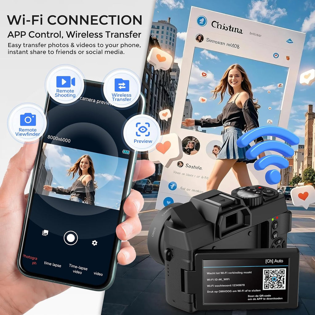 4K Digital Camera for Photography with WiFi Auto-Focus Vlogging Camera for YouTube with Flip Screen, Come with 2 Batteries, Wide & Macro Lens, Microphone, MicroSD Card, Card Reader