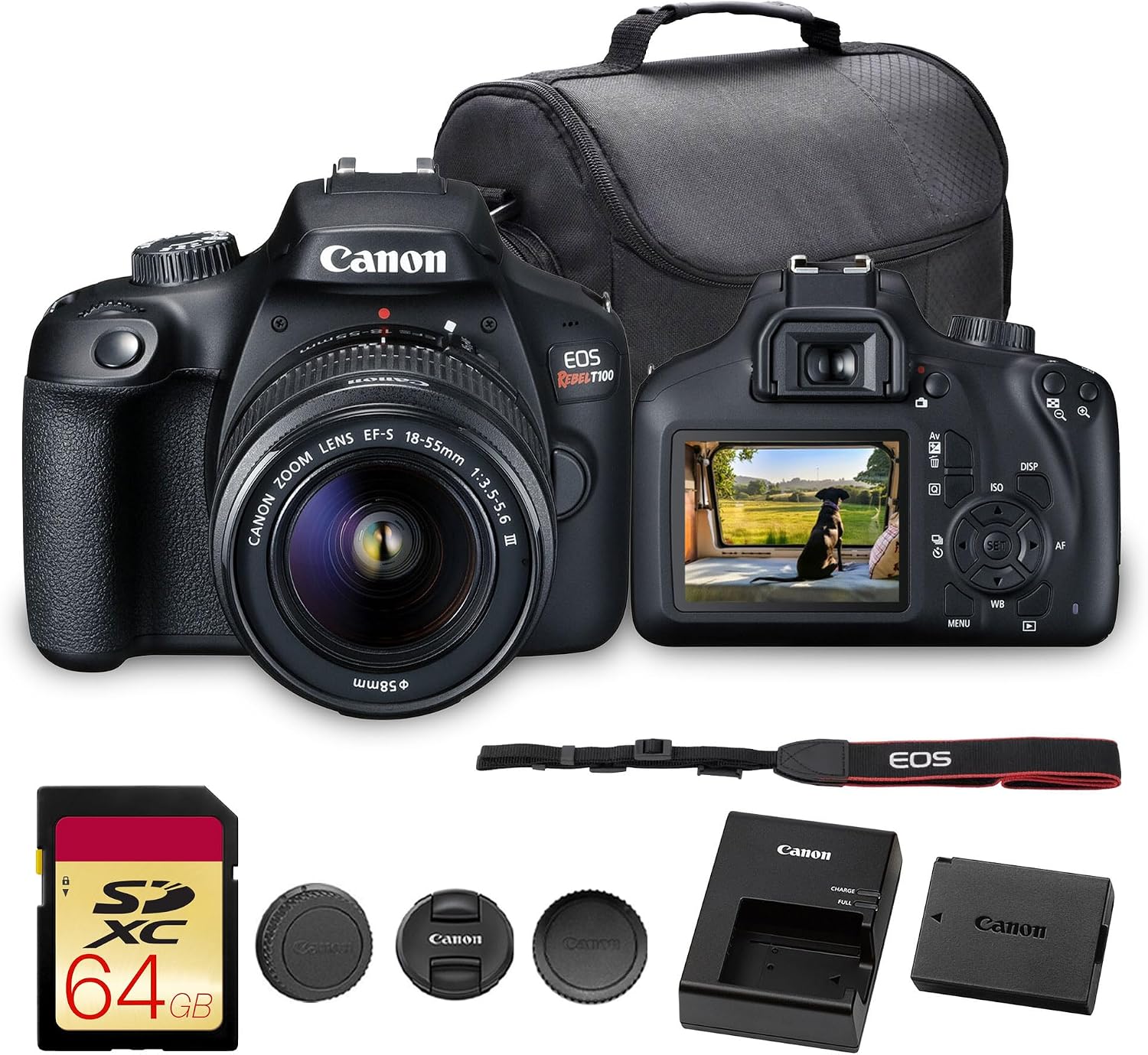 Canon EOS Rebel T100 DSLR Camera with 18-55mm Lens | 18MP APS-C Sensor, Built-in Wi-Fi & Full HD Video | Perfect for Beginners, Travel & Everyday Shooting (2628C029) + Bag + 64GB Memory Card