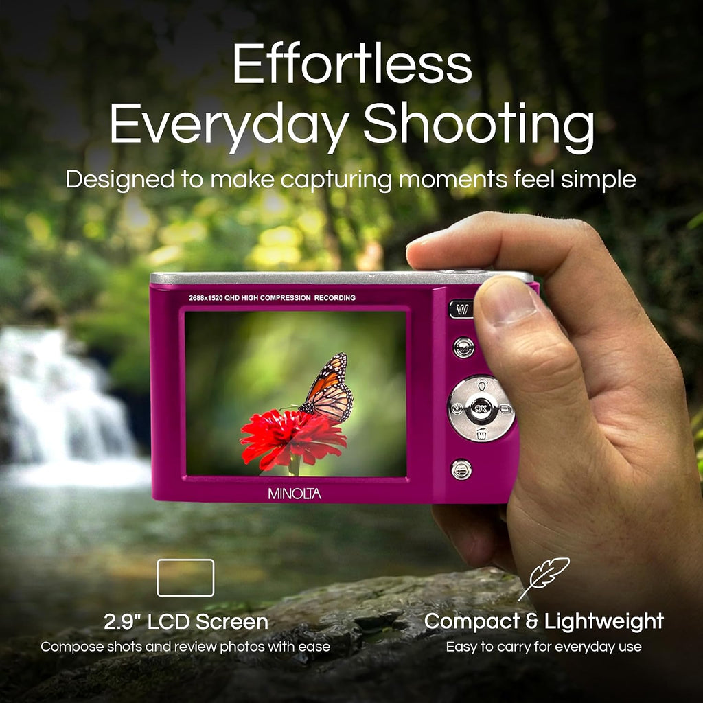 Minolta MND20 44MP Digital Camera – 2.7K Ultra HD Video, 16X Digital Zoom, Anti-Shake Stabilization, Time Lapse, Face Detection, 2.9-inch LCD Display – Lightweight Compact Camera (Magenta)