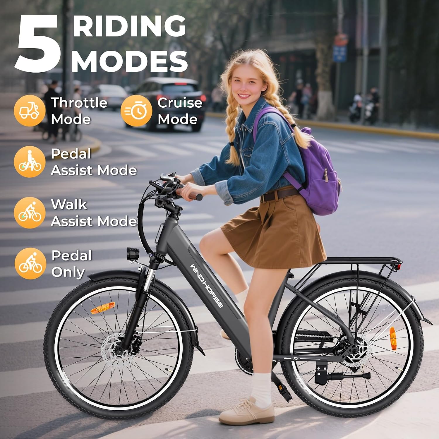 WINDHORSE 26' Electric Bike for Adults 20MPH & 30-50 Miles Range, Shimano 7-Speed, 468WH Removable Battery Commuter Ebike with 750W Peak Motor, Front Suspension, Rear Rack, Fenders, UL2849 Certified