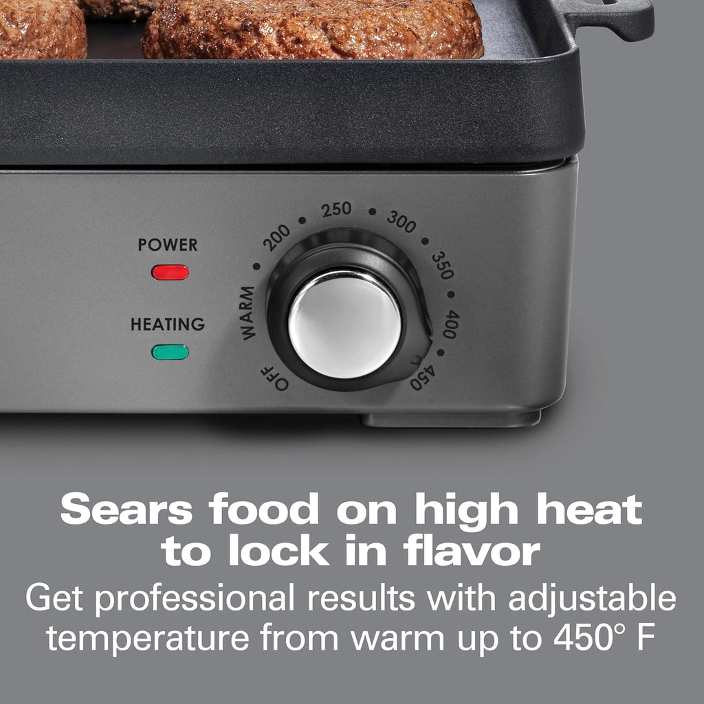 Hamilton Beach Professional Cast Iron Indoor Electric Grill & Griddle, 10' x 16' Preseasoned Cooking Surface, Adjustable Temperature up to 450° F, Black (38560)