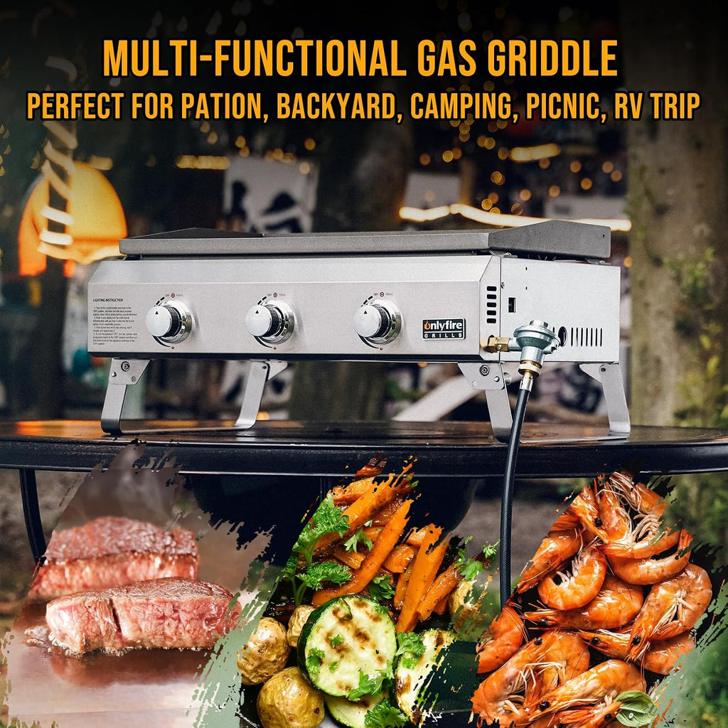 ONLYFIRE GRILLS Tabletop Gas Griddle 3-Burner, Portable Propane Gas Flat Top Griddle 315 SQ.IN Cooking Area, Outdoor Barbecue Stove for Patio BBQ Camping Tailgating RV, Stainless Steel, Classic GS311