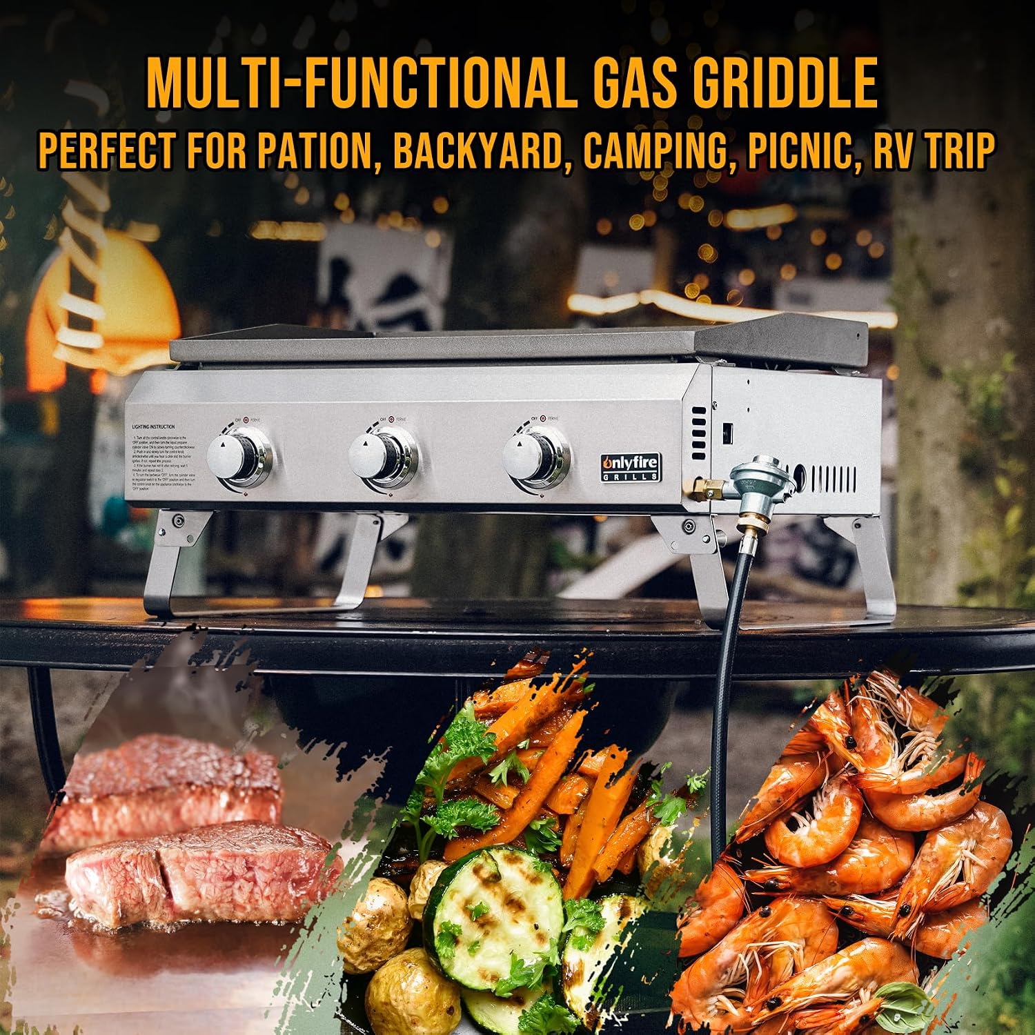 ONLYFIRE GRILLS Tabletop Gas Griddle 3-Burner, Portable Propane Gas Flat Top Griddle 315 SQ.IN Cooking Area, Outdoor Barbecue Stove for Patio BBQ Camping Tailgating RV, Stainless Steel, Classic GS311