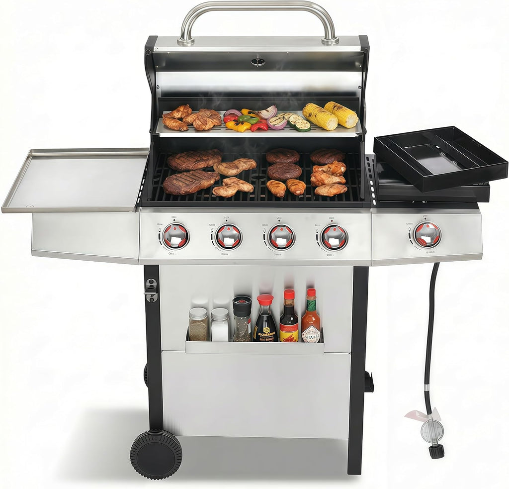 Cookit 4-Burner Gas Grill with Side Burner, 49,000 BTU Output - Double-layer Stainless Steel Grill Lid, Cast Iron Grates, Griddle & Charcoal Pan, Easy-Clean Grease Management for Perfect BBQs