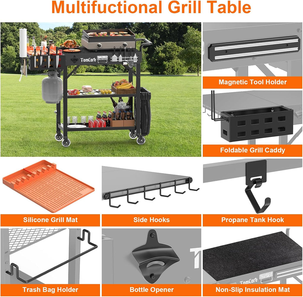 TomCare Grill Table with 3-Tier Storage Shelves Lockable Wheels Grill Cart with Silicone Grill Mat Heavy Duty Outdoor Tabletop Griddle Stand Holds 500Lbs Fits 22' Blackstone Ninja Cuisinart BBQ Grill