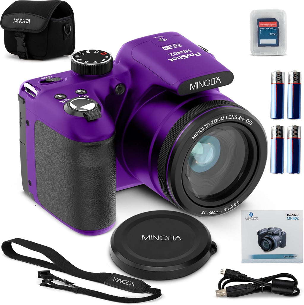 Minolta MN40Z 20MP Digital Camera – 40x Optical Zoom, 1080p FHD Video, 3.0' LCD, Wi-Fi, Face/Smile/Blink Detection – Purple