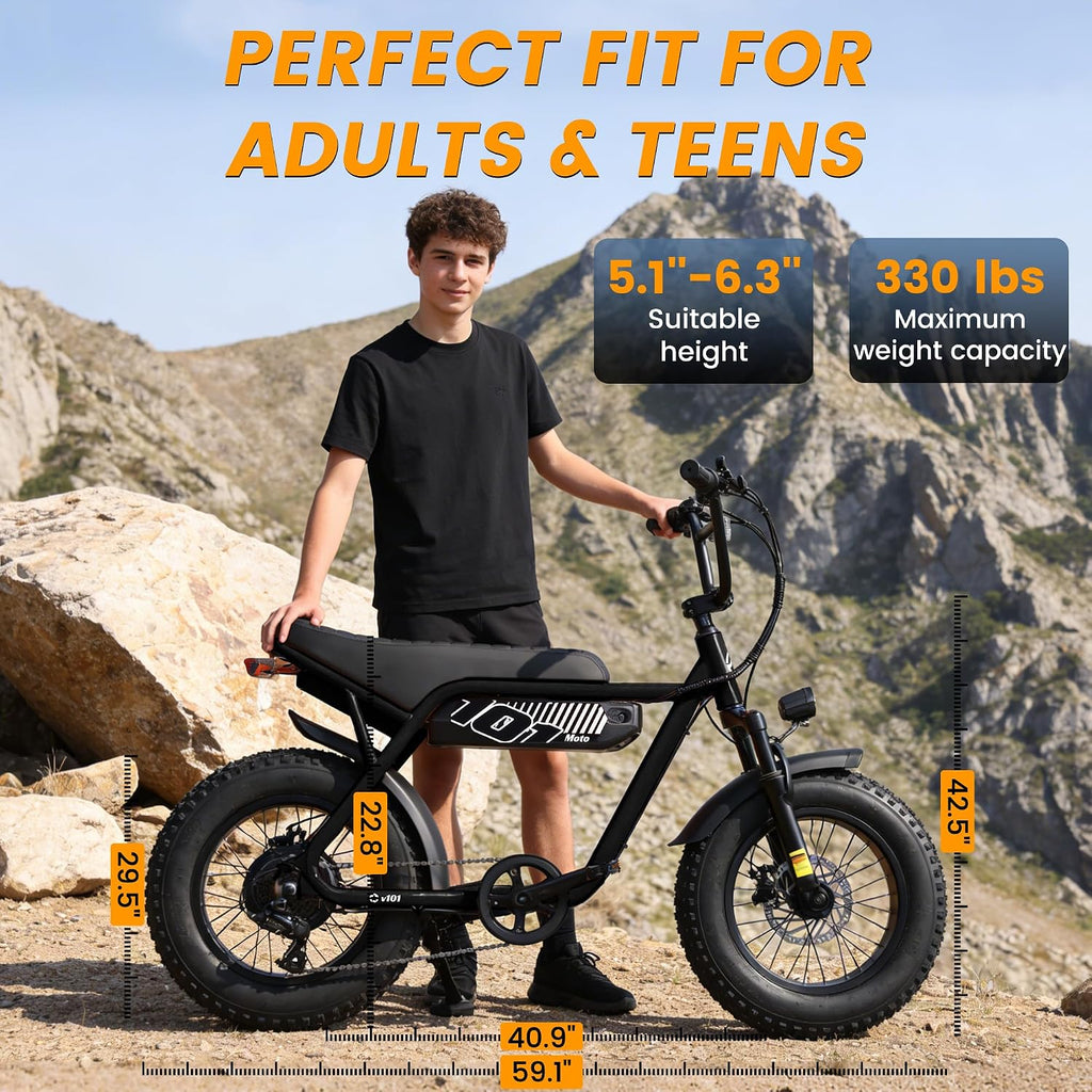 ESKUTE V100 Electric Bike for Adults, Electric Dirt Bike 1500W Peak Motor, All Terrain Dual Suspension E Bike 28MPH Top Speed, Ebike Up to 60 Miles Range, 16' Fat Tire, 48V13Ah Battery, 7-Speed