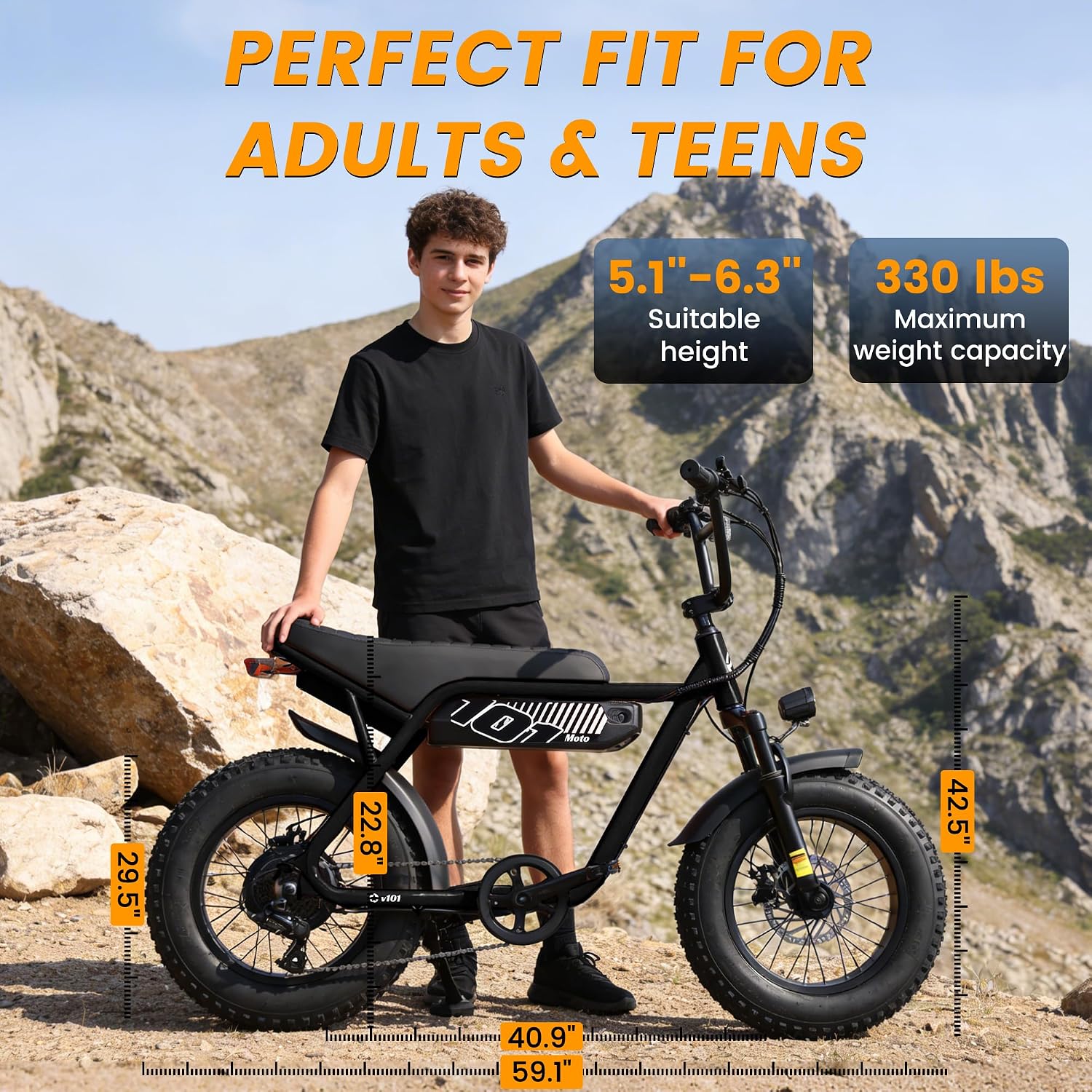ESKUTE V100 Electric Bike for Adults, Electric Dirt Bike 1500W Peak Motor, All Terrain Dual Suspension E Bike 28MPH Top Speed, Ebike Up to 60 Miles Range, 16' Fat Tire, 48V13Ah Battery, 7-Speed