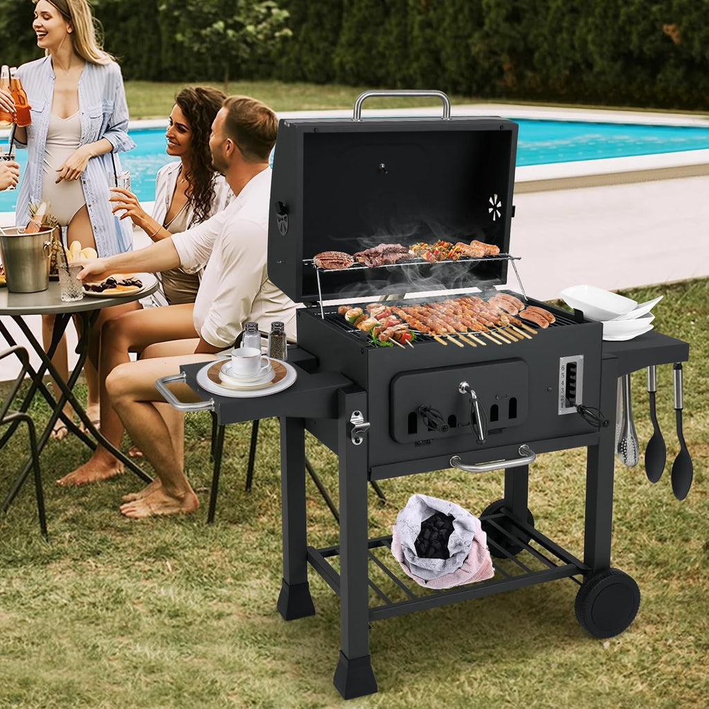 Happygrill Barrel Charcoal Grill with 2 Folding Side Tables, 24-Inch Outdoor Barbecue Grill w/544 sq.in Cooking Area, 6-Gear Charcoal Tray & Storage Shelf, Portable Griddle w/Wheels for Camping Picnic