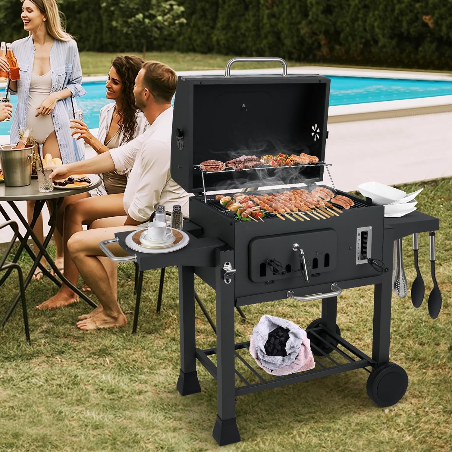 Happygrill Barrel Charcoal Grill with 2 Folding Side Tables, 24-Inch Outdoor Barbecue Grill w/544 sq.in Cooking Area, 6-Gear Charcoal Tray & Storage Shelf, Portable Griddle w/Wheels for Camping Picnic