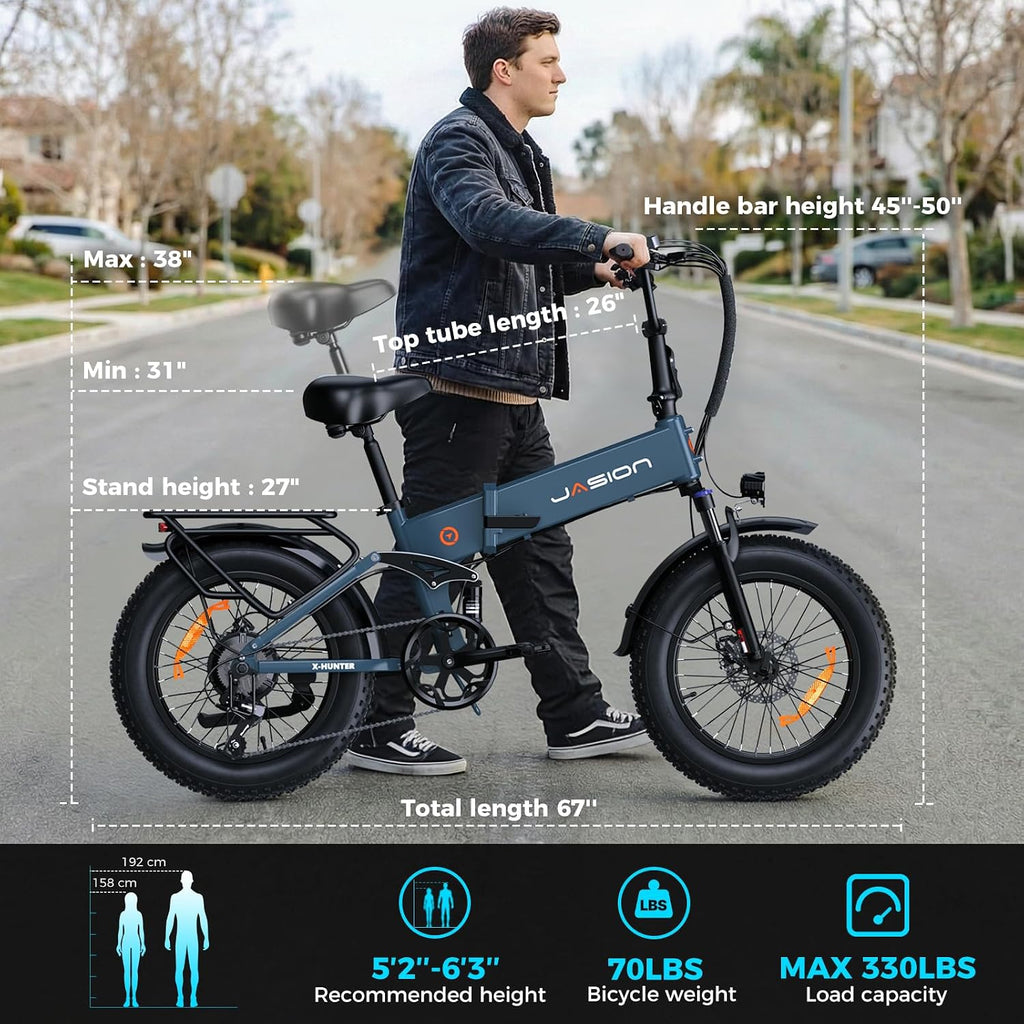 Jasion X Hunter/PRO Electric Bike for Adults,1800W/1400W Peak 20''Fat Tire Foldable Ebike,Folding E Bike Up to 80/70 Miles Range,720/624WH Removable Battery,30 MPH E Bike,Certified by UL2849