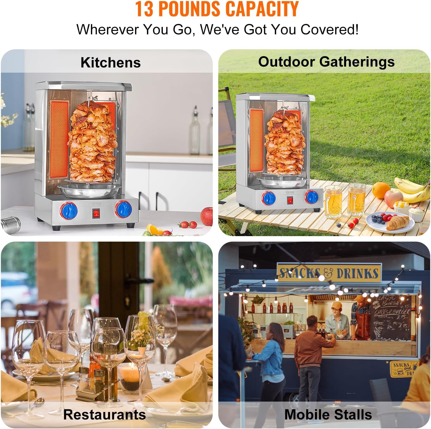 VEVOR Shawarma Grill Machine, 13 lbs Capacity, Chicken Shawarma Cooker Machine with 2 Burners, Gas Vertical Broiler Gyro Rotisserie Oven Doner Kebab Machine, for Home Restaurant Kitchen Parties
