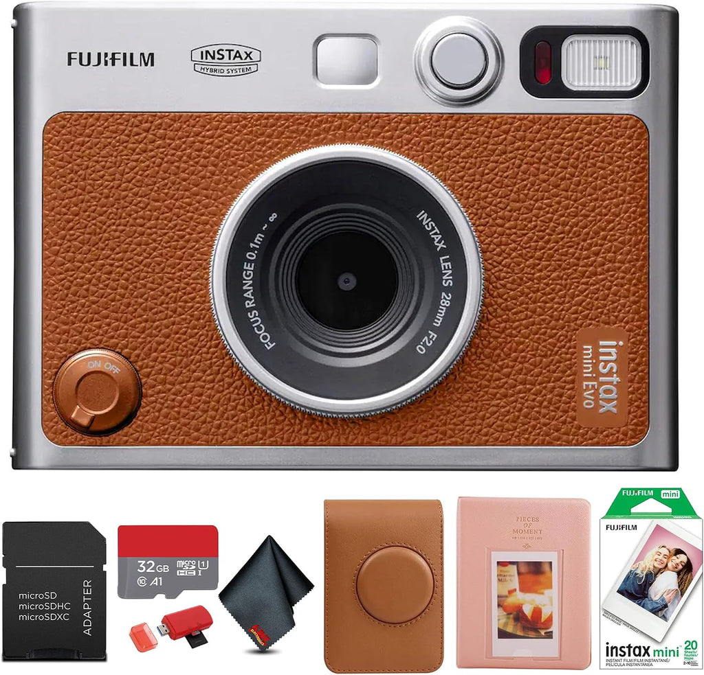 FUJIFILM INSTAX MINI EVO Hybrid Instant Camera (Brown) Bundle with 20 Instant Film Sheets + 32GB Memory Card + Carrying Case + Photo Album 64 Pockets + Microfiber Cleaning Cloth