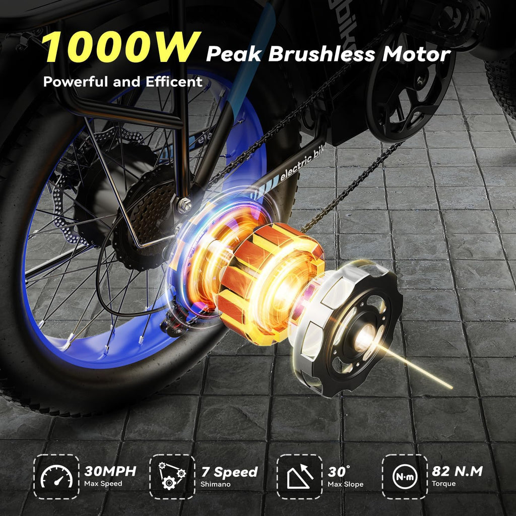Foldable Electric Bike for Adults, 48V 20Ah Removable Lithium Battery up to 80Miles, 20' Fat Tire 1000W Peak Motor Dirt Ebike Adult Electric Bicycle for Commute Beach Mountain E Bike