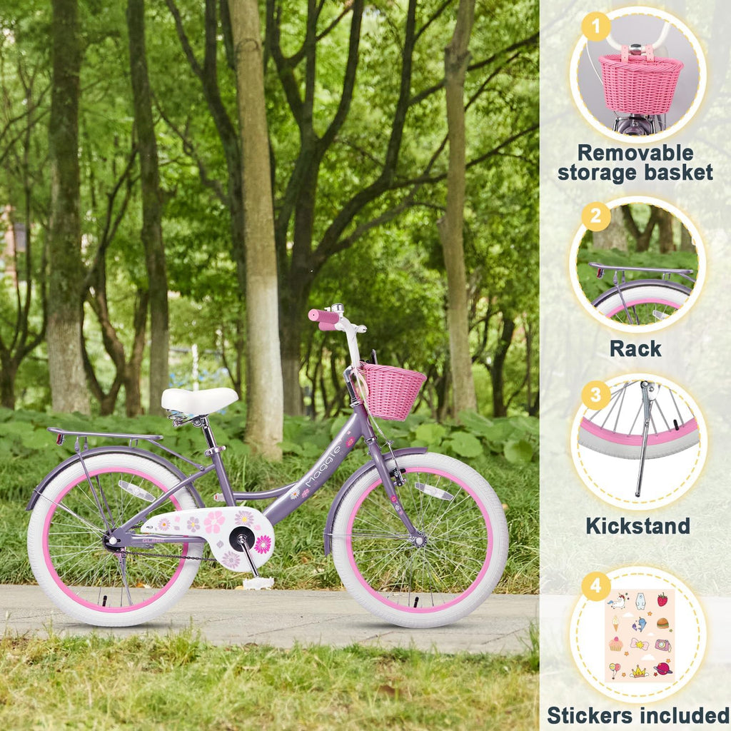 Glerc Maggie Girls Bike, 12-20 Inch Kids Bike for 2-13 Years Old Children, Princess Style Kids Bicycle with Doll-Seat & Basket & Training Wheels, Multiple Colors