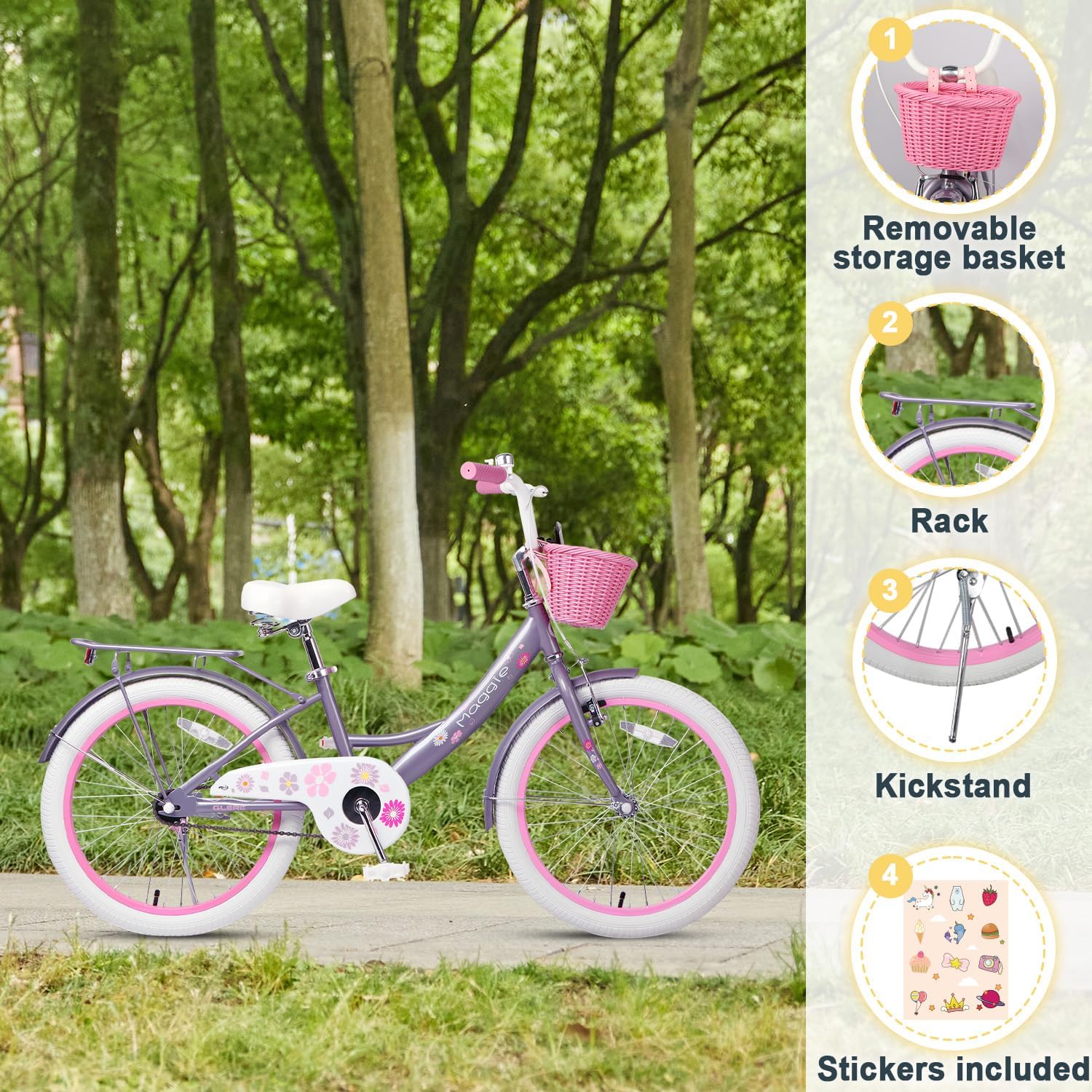 Glerc Maggie Girls Bike, 12-20 Inch Kids Bike for 2-13 Years Old Children, Princess Style Kids Bicycle with Doll-Seat & Basket & Training Wheels, Multiple Colors