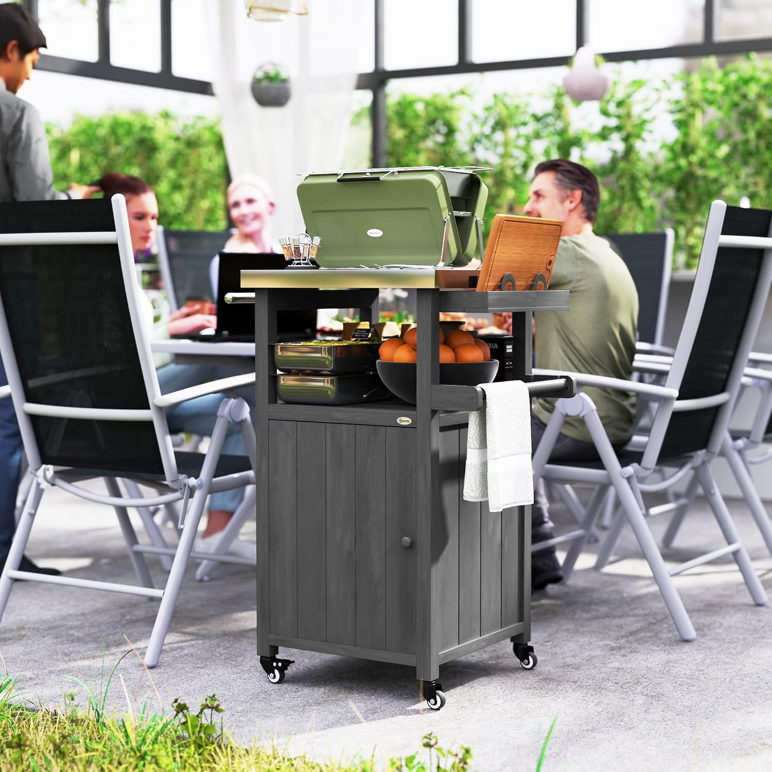 Outsunny Outdoor Grill Cart with Wheels, Stainless Steel Top, Solid Wood Outdoor Kitchen Island with Storage Cabinet, Integrated Hole, Movable Bar Cart with Spice Rack, Side Handle for BBQ, Dark Gray