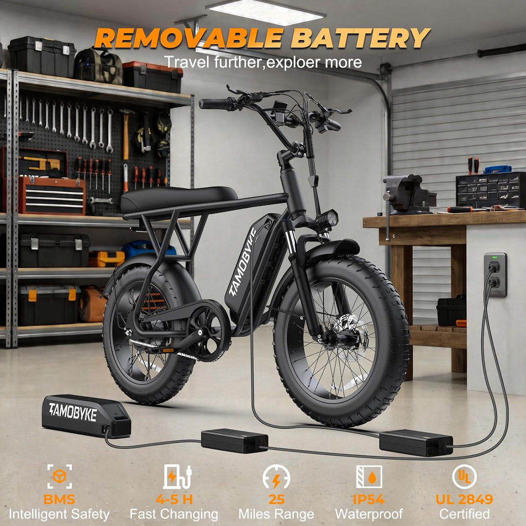 Tamobyke T63 Entry-Level Lightweight Electric Bike for Teens & Women, 500W Motor, 20 MPH, Removable Battery, 20'x4' Fat Tire Ebike, All-Weather Commuter E-Bike for Daily Riding & Rainy (Classic BK)