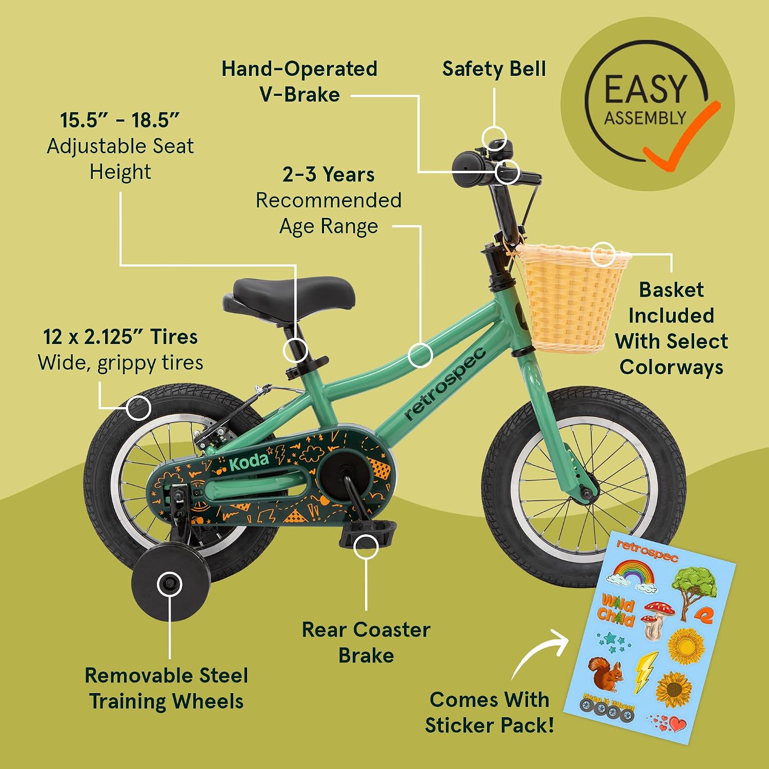Retrospec Koda Plus Kids Bike for Boys & Girls Ages 2-3 Years - Children's Bicycle, Adjustable Seat & Handlebars, Removable Training Wheels, Front Hand Brakes, Rear Coaster Brake & Safety Bell
