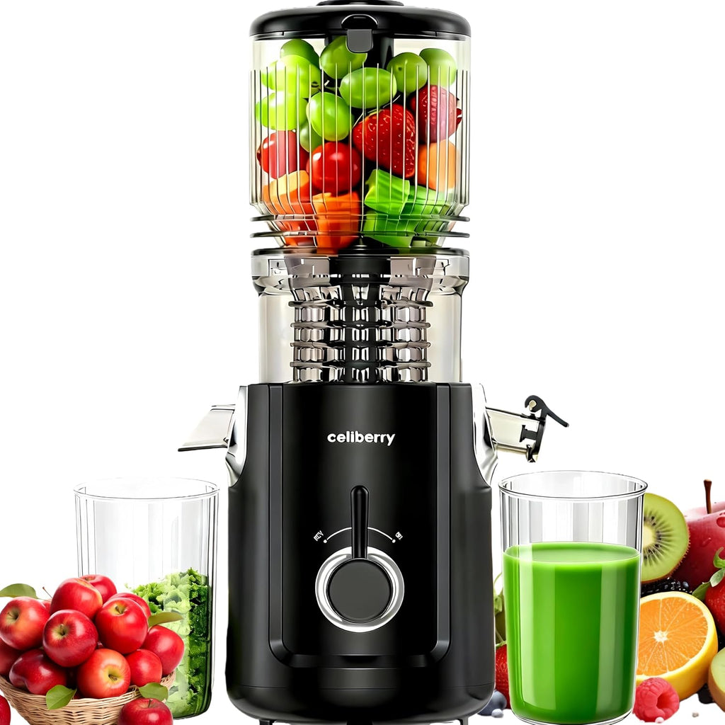 Cold Press Juicer Machines, 5.3' Large Feed Chute Slow Masticating Juicer for Whole Fruits & Vegetables, Easy Clean, 300W Quiet Juice Extractor, 99% High Juice Yield, Black